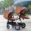 Passeggini# 2024New Twins di lusso Baby Strolleraluminum Frame PU Leather Twin Prambaby può sedersi e schierarsi a doppia doppia carrozza per bambini T240509