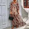 Fashion Muster Print Urlaub Strand Dres Frühling gegen Nacken Langarm Boho Maxi Kleid Sommer Schnürung Rückenfreie Kleider 240426