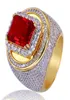 Hip Hop Gold Ploated Rings for Man Cubic Zirconia Red Gem Hiphop Ring Mens Fashion Jewelry4174269