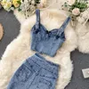 AMOLAPHA Women Jeans Tank Vestskirts Set Woman Girls Slim Denim Straps Tops Buttons Maxi kjol kostymer 240510