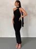 Grundläggande avslappnade klänningar Hugcitar Halter One Shoulder Backless Solid Draped Elegant Sexy Maxi Prom Dress 2023 Summer Women Slim Outfit Birthday Party Y2K Y240509