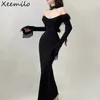 Abiti casual XeeMilo Black Mesh Ruffles Abito da sera Temperamento rotondo Collar Slim maniche lunghe Maxi Women Elegant Party Club Robe