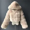 Jesień futrzane przycięte faux futra kurtki kobiety puszysty top płaszcz z kapturem prosty zimowy futra mody streetwear nowa
