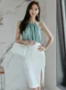 Arbetsklänningar koreanska sexiga 2 stycken kläder kvinnor elegant avslappnad halter band lös toppar skjorta blus wrap höft midi kjol set mujer party