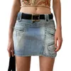 Jupes Summer 2024 Euro-American Femmes Femmes hautes Boucle plissée Boucle d'épissage multi-poche Skinny Wrap Hip Denim