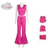 Film Barbi Cosplay Rose Red Bell Bottoms Barbe Cosplay Cost Assy Set avec un chapeau et une écharpe Halloween Costumes Kids Adult 240510