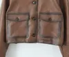 Vestes pour femmes Maxdutti Fashion Fashion High Street Vintage Veste en cuir lavé Veste femme avec poches de revers Motorcycle brun