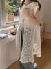 Retro Niche Folded Wear Hollowed Out Knitted Mesh White Dress Summer Design Sense Loose Sundress Smock Can Be Worn Double-sided 240423