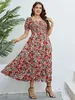 Robes de taille plus taille femme Vêtements Puff Slve Floral Robe maxi Collier carré une ligne Cotton Robe Summer 2024 Boho Midi Elegant Robes Y240510