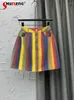 Skirts Cool Contrast Color Rainbow Striped Denim Skirt Women High Waist Hip A- Line Mini Girls Faldas 2024 Summer