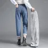 Jeans femminile 2024winter caldo aggiunto in velluto da donna casual coreano ad alta vita sottile pannelli in denim elasticizzate pantaloni dritti