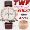 TWF 42mmメンズウォッチTW391020 CAL 79320 A7750クロノグラフ自動ホワイトダイヤルスティックマーカー18Kローズゴールドケースレザーストラップスーパーエディット328R