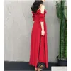 Basic casual jurken A Line y Summer Beach Red Chiffon Dress Cold Ruffles Split Maxi White Women Party Off Shoder Elegant Long Drop de Dhqja