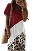 Новая женская мода-мода леопардового принта сплайсинговой боковой футболок длинное платье модное черно-белое платье с круглой шеей без усилий показывает повседневное очарование AST89139