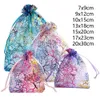 3Pcs Gift Wrap 25/50/100pcs/lot Organza Gift Bag Jewelry Packaging Drawstring Bag Multi-size Colorful Trees Printing Party Wedding Candy Bag
