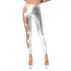 Frauenhose Damen Metallic Shiny PU Leder Seite hohl aus Strumpfhosen Leggings hohe Taille O-Ring Stretch Yoga Lange dünne Punkhosen