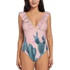 Kvinnors badkläder Serenity Cacti på Rose Quartz Bakgrund Kvinnor tryckte en bit sexig rygglös baddräkt V Neck Summer Beach Wear