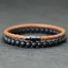 Bracelets de charme Noter 2pcs Men Bracelet Conjunto de pulseira de 4 mm de couro genuíno Homme 6mm Black Onyx Stone Braslet Combated Combating Combating Brazalete Gift Y240510