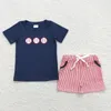 衣料品セット刺繍野球ネイビーブルーショートスリーブの赤と白のストライプショーツセット卸売ブティックチルドレン衣装RTS