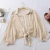 Kvinnors blusar Three-Quarter Sleeve Top Japanese Style Sun Protection Chiffon Cardigan med snörning Detalj tunn sjal för sommaren