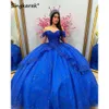 Söt kungblå bollklänning Quinceanera -klänningar 2024 Beading Flowers Applices Sweet 16 Prom Party Gowns spetsar upp