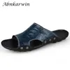 Men Lederen slippers Slides Summer Casual slip on schoenen Flats Ademend hete uitverkoop goedkoop