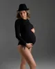 Maternity Dresses Maternity Black Bodysuit For Photoshoot Stretchy Photo Tassels Sleeve Pregnancy Photography Props Baby Shower Clothes Pregnant T240509