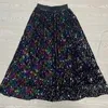 Skirts herfst pailletten maxi lange elastische taille bling dikke drape metaalachtige a-line enkel enkel gebreide rok groen zilver