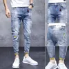 Men's Jeans Denim jeans new summer casual pants for 2022 ultra-thin elastic small feet light colored tear holes teenage ankle Q240509
