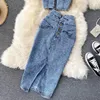 AMOLAPHA Women Jeans Tank Vestskirts Set Woman Girls Slim Denim Straps Tops Buttons Maxi kjol kostymer 240510