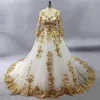 Великолепные белые мусульманские свадебные платья с золотыми кружевными аппликациями свадебные платья с длинными рукавами vestido de noiva свадебное платье с цветом 2197
