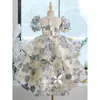 Verjaardag Kids Flower Girl -jurken 2024 Luxe handgemaakte bloemen Tiered Tule Ball Little Girls For Wedding kralen Bridal Jurken Borduurwerk Eerste heilige communiejurk