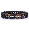 Bracelets de charme Mkendn 2pcs / ensemble Brand Sale chaude Pave Black CZ Men Bracelet 6 mm Perles en pierre avec bracelet de charme de perle d'hématite pour femmes bijoux Y240510