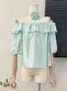 Blusas femininas cor sólida cor doce babados emendado roupas de moda de moda de moda corta-se a camisa de ombro fêmea fêmea feminina