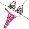 Women's Swimwear Two-piece Bikini Set Leopard Print Halter Cherry Thong Swimsuit Sexy High Waist Lace-up Bathing Suit For Women