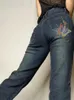 Women's Jeans Low Waisted Butterfly Embroidery Distressed Patch Work Casaul Y2k Pants Fairy Grunge Fashion All-match Pantalon 2000s