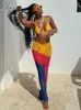 Joskaa Bikini Yellow Bikini avec maille imprimée Voir à travers une jupe à la hanche longue 3 pièces Tenues de femmes Summer Holiday Beachwear 240508