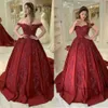 Dark Red Ball Gown Evening Dresses Off-Shoulder Sleeveless Appliqued Lace Ruched Satin Formal Prom Dress Custom Made Party Gowns P41 0510