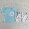Clothing Sets Summer Fashion Baby Boys Little Fish Blue Checkered Pants Short Sleeve Set Wholesale Boutique Children Clothes