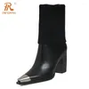 Boots PrxDong 2024 Echte lederen dames Sock Hoog Hak Black Brown Retro Herfst Winter Dress Party Enkle Maat 34-39