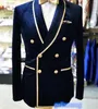 Herrenanzüge 1 PCs Marineblau Samt Blazer Slim Fit Schal Revers Doppelbrust Bräutigamanzug Jacke für Männer Prom Party Männlicher Modemantel