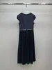 Denim deep V-neck small sleeve, fashionable twisted pleats, special washing and drawing process, heavy-duty pleated dress