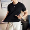 Camisetas masculinas de alta cor de cor sólida elástica para homens de manga curta pescoço redondo gelo casual seda de seda respirável camisa inferior social