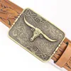 Riemen één pu lederen mode vintage cowboy riem koe head gesp gokkelkrullend gras patroon botanische embossing met jeans