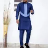 Kaunda Mens Suits Kaftan Outfits Ronde hals gestreepte afdruk Lange mouwen Afrikaanse etnische stijl Herensets Traditionele kleding 240426