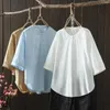 Blouses des femmes Shirts de luxe élégants à demi-manches blanches bleu massif coton femme tops dames vintage japonais vêtements