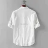 Heren t shirts plus tees polos 2024 zomer nieuwe heren linnen opstaan kraag 5/4 mid mouwen shirt trendy heren katoen en linnen losse maat casual shirt plus tees