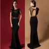 2016-2017 Goedkope zwarte lange jurken bemanning een lijn vloer lengte avondjurken dameskleding pure nek pailletten backless prom formal 191a