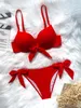 Sexig främre båge Knut Push Up Bikinis Två stycken Solid Swimsuit Tie Bikini Badkläder Biquini Conjunto de Tankini 240508