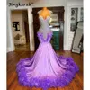 Glitter Purple Diamonds Prom Dress Shiny Beads Crystal Rhinestones Feathers Birthday Party Evening Gowns Vestidos